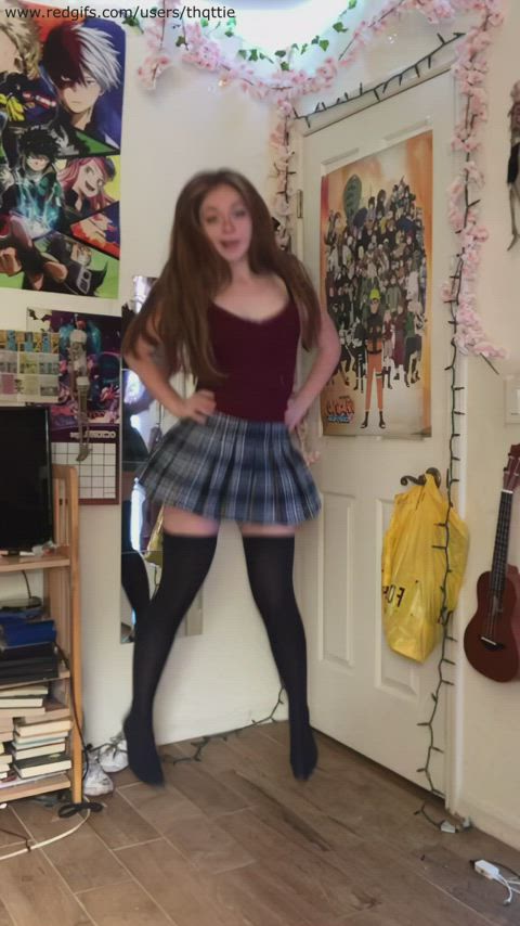 dancer dancing lapdance nylons redhead skirt stockings teen tights tiktok gif