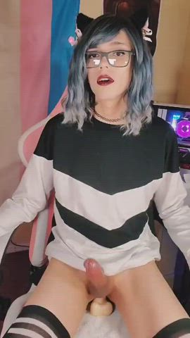 Anal Cock Cute Dildo Glasses Knee High Socks Natural Riding Small Tits Trans gif