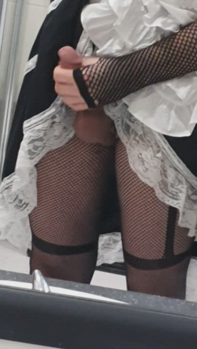 crossdressing femboy fishnet maid masturbating penis gif