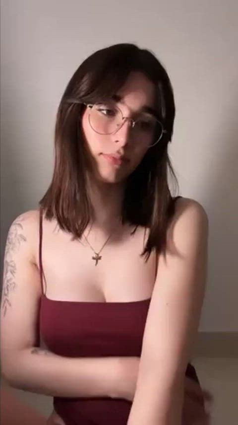 brunette dildo girl dick glasses solo t-girl trans trans woman gif