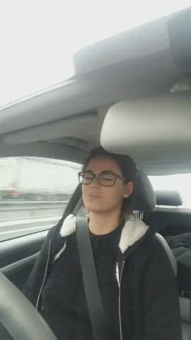 Beautiful Girl Playing With Her Tits While Driving