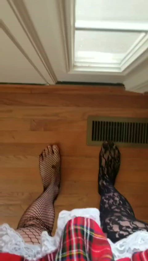 crossdressing feet femboy fishnet humiliation public sissy stockings gif