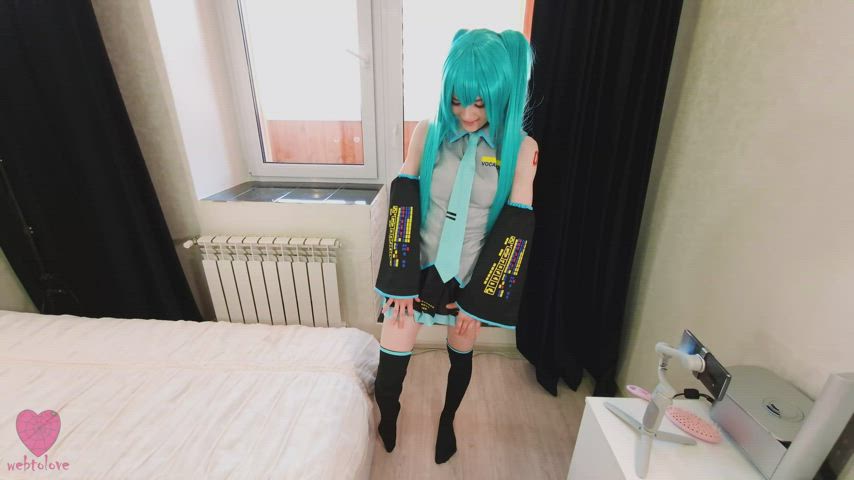 Cosplay Costume Hatsune Miku Masturbating Shaved Pussy Stockings Tease Tight Pussy