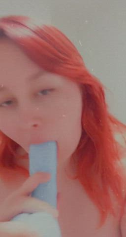 Blowjob Blue Eyes Chubby Dildo Lips Redhead Spit Sucking White Girl gif