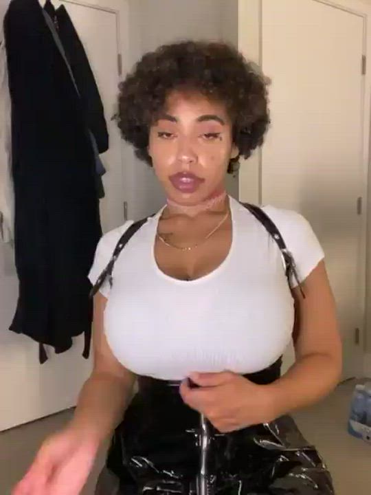 Big Tits Bra Cleavage Ebony Skirt Stripping Striptease Tease gif