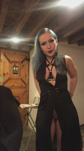 blue domme goth lingerie mistress natural tits pale striptease tease tits gif