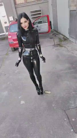 catsuit chastity belt corset gif