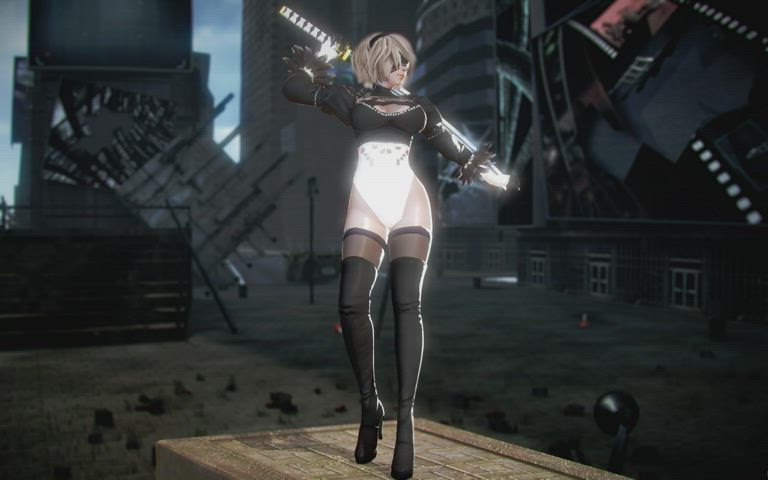 3D Animation Big Tits Cosplay Costume High Heels Short Hair Thighs White Girl gif