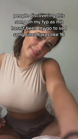 big tits brunette busty natural tits nipples sheer clothes tank top tiktok tits gif