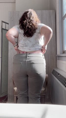 ass bathroom big ass clothed jeans panties undressing work gif