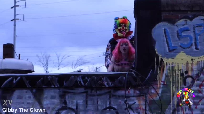 clown clown girl doggystyle outdoor public rough standing doggy r/weird_porn gif