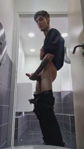 Cumming in the employees toilets, had to close the door a few times to avoid getting