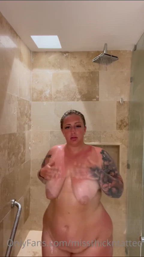 ass bbw big ass chubby natural tits saggy tits shower tattoo thick tits gif