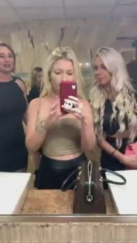 blonde boobs clothed selfie strip gif