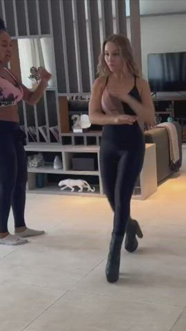 blonde brazilian celebrity dancing heels yoga pants gif