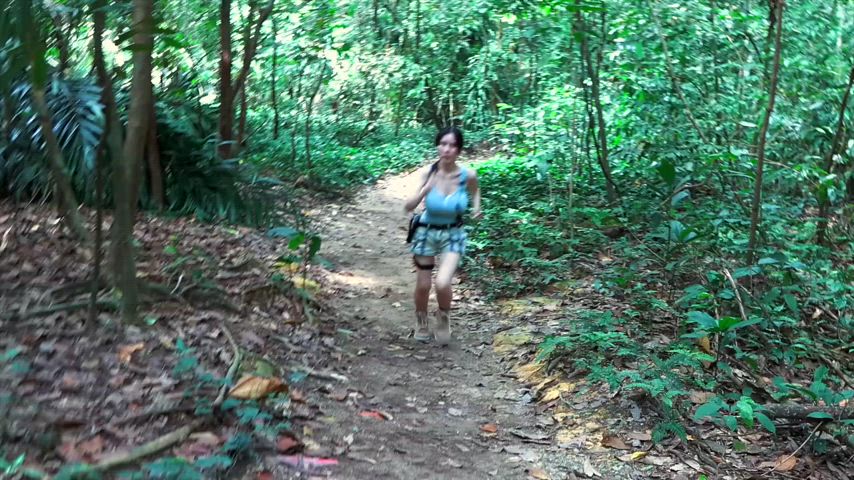 busty hiking jiggling natural natural tits shorts tank top gif