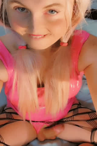 big dick blonde fishnet pigtails pink sissy solo trans gif