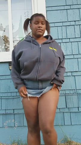big tits chubby ebony exhibitionist flashing outdoor pigtails public pussy gif