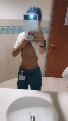 Babe Mirror Nipple Piercing Nurse Selfie Tits gif