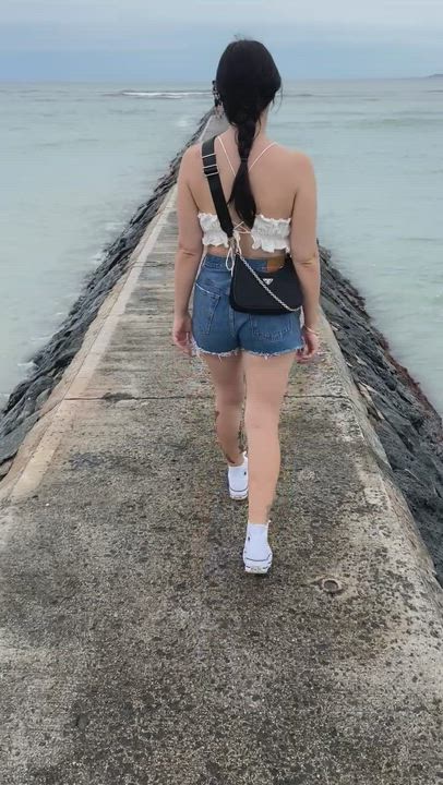 Amateur Beach Flashing Hotwife Jean Shorts OnlyFans Public Small Tits Sneakers Tiny