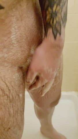 cock erection foreskin shower soapy tattoo thick cock gif
