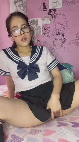 cute fingering glasses labia petite pussy schoolgirl teen tiny gif