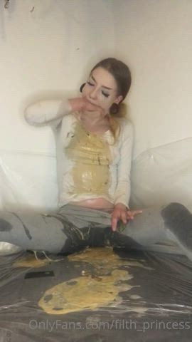 Filth princess covering herself in vomit