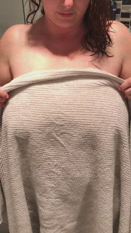 Just out of the shower. Would you dry my back for me?