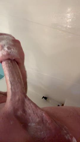 bwc big balls big dick daddy jerk off male masturbation shower soapy gif