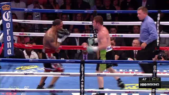 Canelo Alvarez drives a freight-train right hand into James Kirkland's head