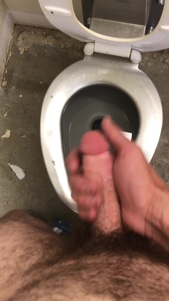 Lunch break stroke in the public park bathroom.