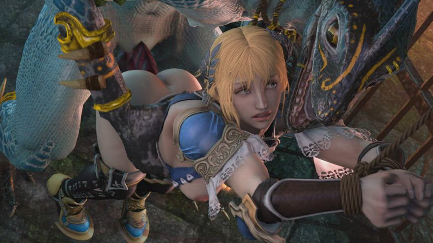Sophitia gets her wrists bound in a standing position while Lizardman grips her waist
