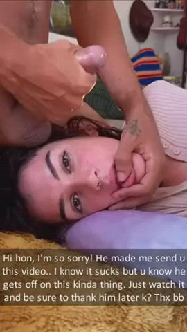 caption cheating choking cuckold cumshot facial humiliation interracial messy gif