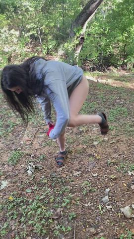 Public Nature White Girl in Jacket Pissing in the Grass Outside