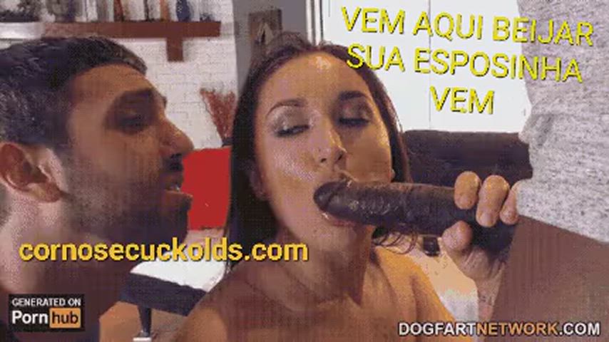 bbc bbc slut blowjob brunette cuckold cuckquean hotwife kiss kissing wife gif