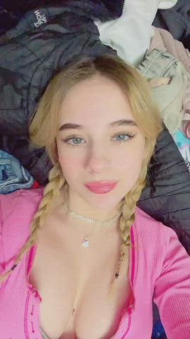 big tits blonde blue eyes boobs cleavage pigtails teen tiktok tits white girl gif