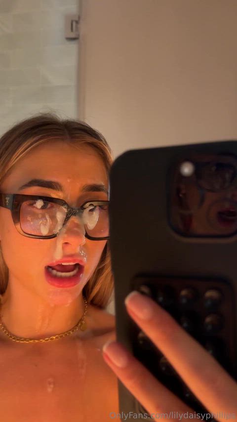 blonde cum licking facial glasses gif