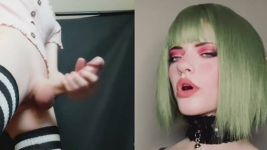 ahegao babecock choker cumshot elf femboy goth split screen porn gif