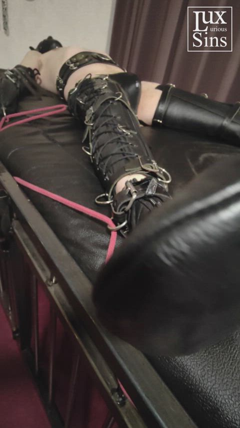 Strict Leather Bondage - Hooded, Muzzled and Unable to Move an Inch