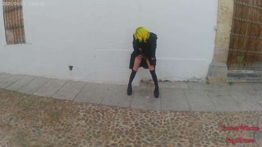 blonde pee peeing piss pissing public gif