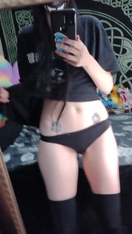 fansly female goth long hair mirror onlyfans pierced skinny tattoo tease gif