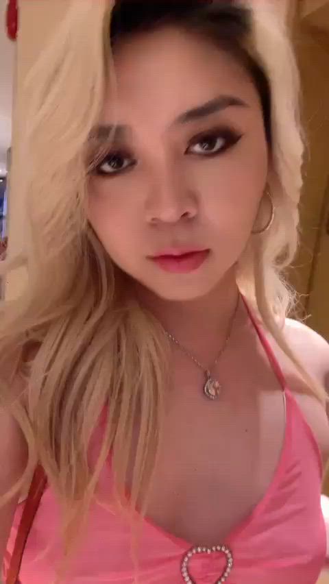 asian blonde chinese clothed cute dress kiss pink selfie solo gif
