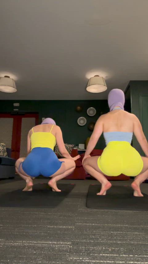 twins wet wetting yoga yoga pants just-boobs thick-booty gif