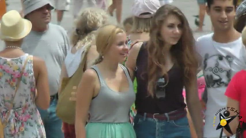 candid cleavage clothed non-nude public tank top gif