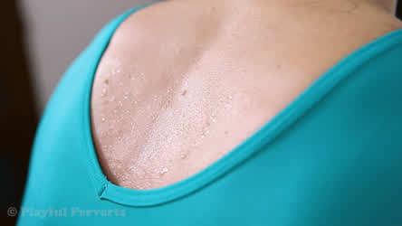 Sweating girl in gymnastics leotard.