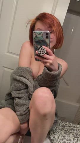 Areolas Bathroom Big Nipples Busty Glasses Redhead Selfie Shaved Pussy gif