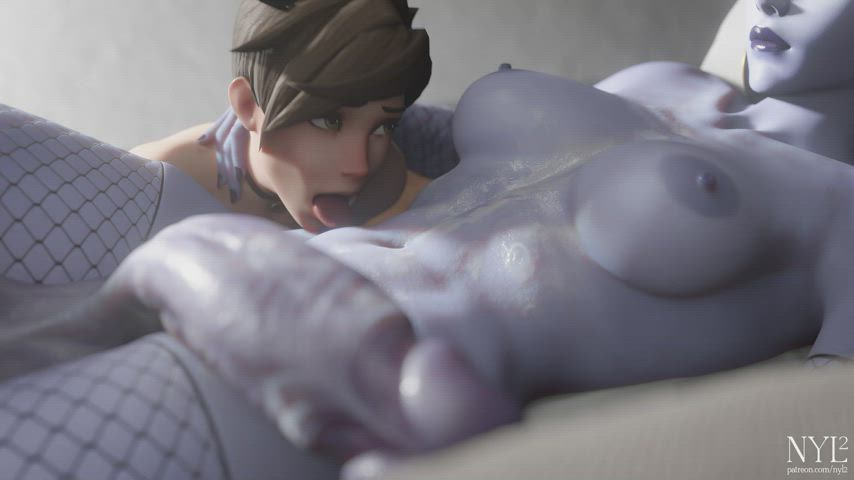 Tracer licking the cum off Widowmaker's tummy