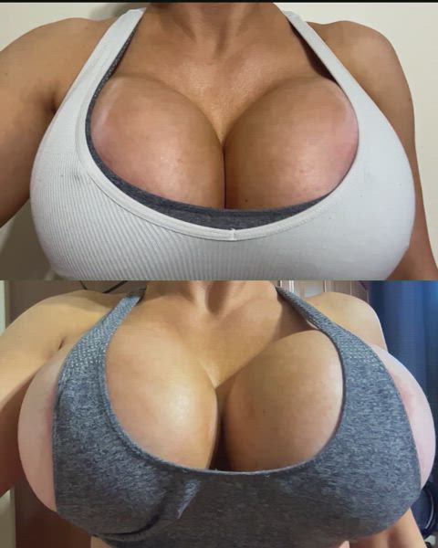 Battle of the 1200cc bimbo tits! 2 bras vs 1 bra! Who will win?!