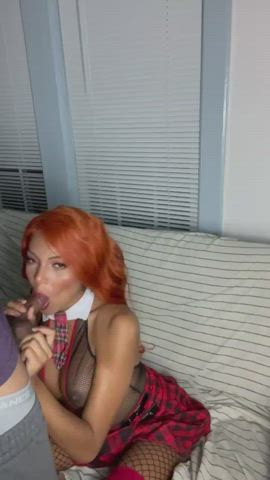 Blowjob Deepthroat Lola Myluv Pretty Redhead Skirt Trans gif