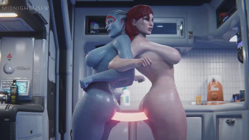 3d animation big ass big tits dildo lesbians rule34 sideboob thick thighs gif
